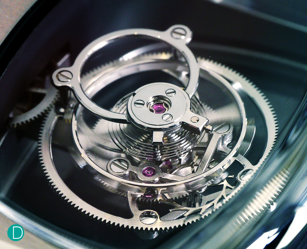 Closeup of the tourbillon. The flying tourbillon construction is very well done. The cage taking a minimalist, modernist approach of the case to another level.