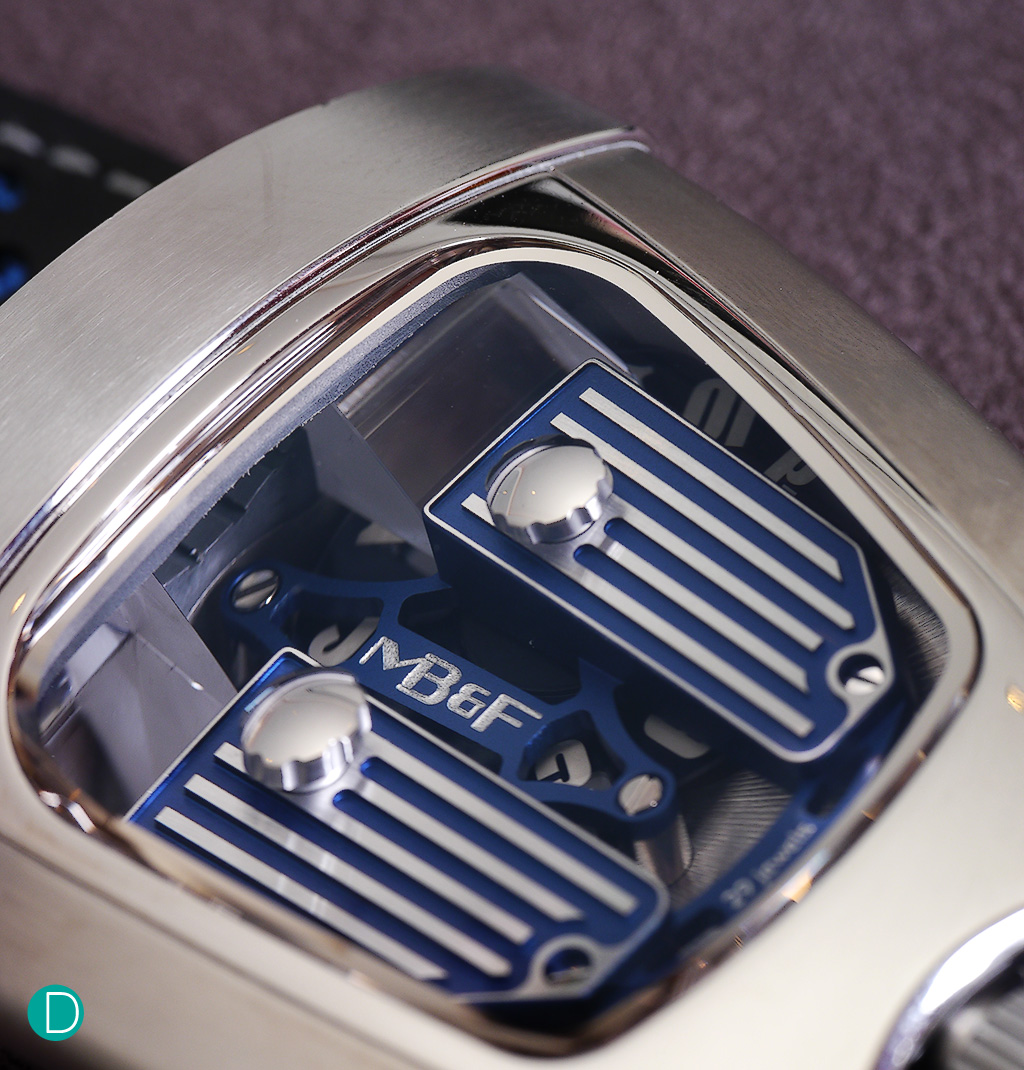 MB&F HMX through the top covers showing the movement and the colour detailing. This oen is in Bugatti blue.