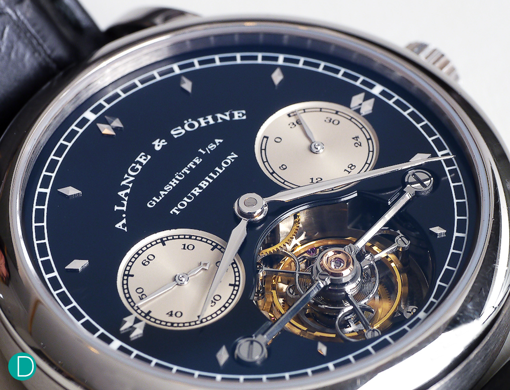 A. Lange & Söhne Tourbillon Pour le Mérite dial side, showing the black dial, with the gold applique markers.