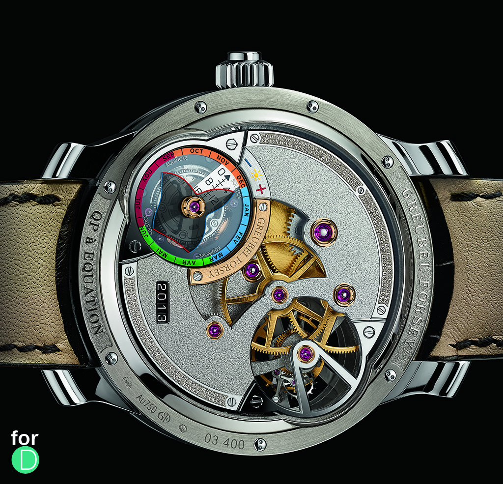 Greubel Forsey Quantième Perpétuel à Équation back, showing the Equation of Time and a magnificently finished back plate.
