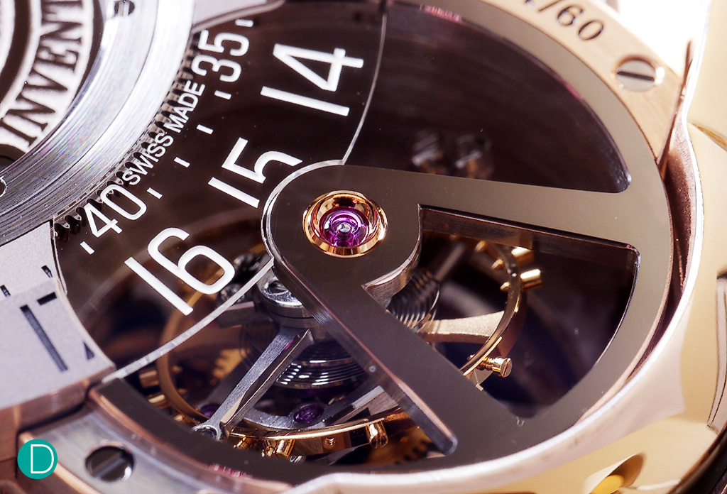 Another view of the tourbillon bridge from the front. In this angle, the incline of the tourbillon is clearly visible. 