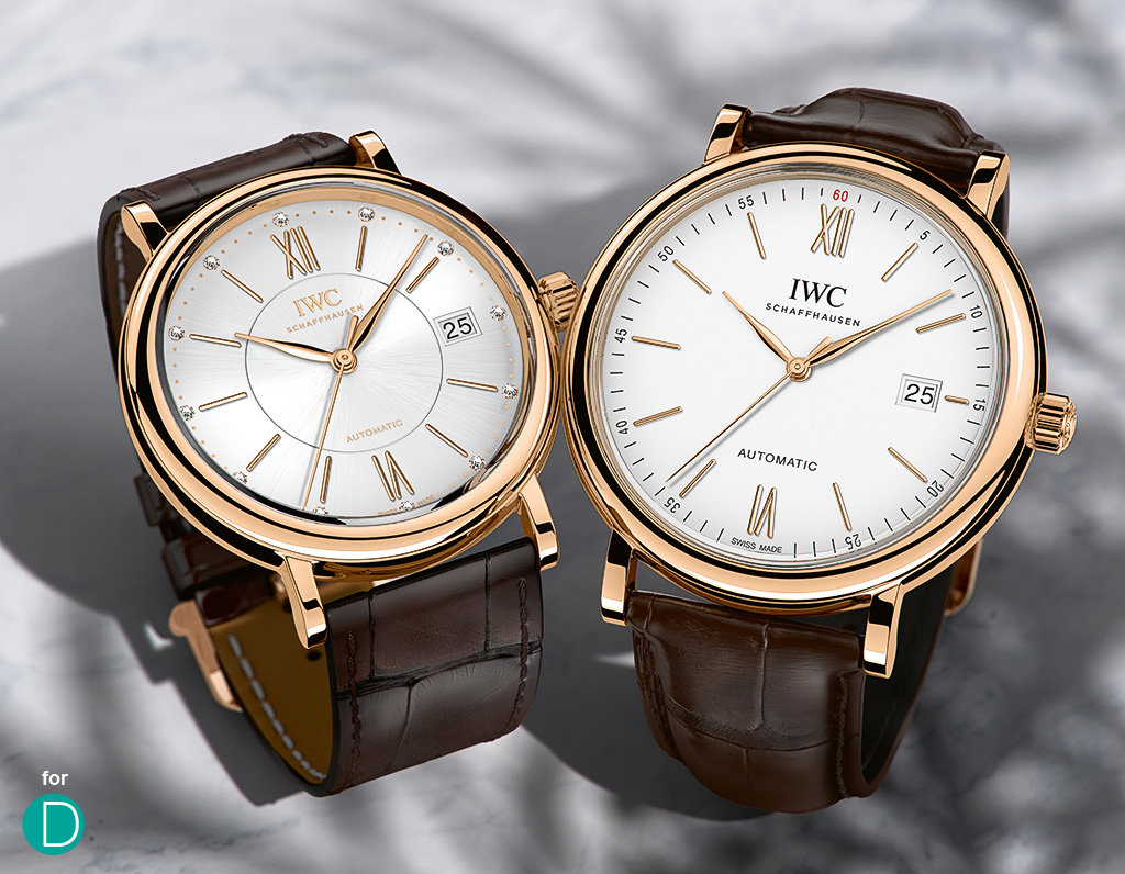 The IWC Portofino for Two Pair No. 3 in 18k red gold, silver plated dial and Santoni alligator strap.