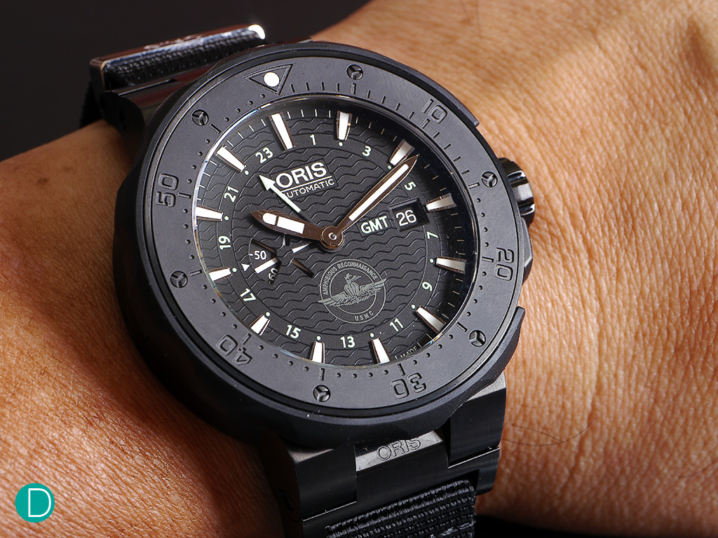 On the wrist, the watch has great presence, and a strong masculine feel, perhaps a nod to the tough job of a USMC Force Recon personnel.  Visible in this picture is the subtle wave pattern on the dial. 
