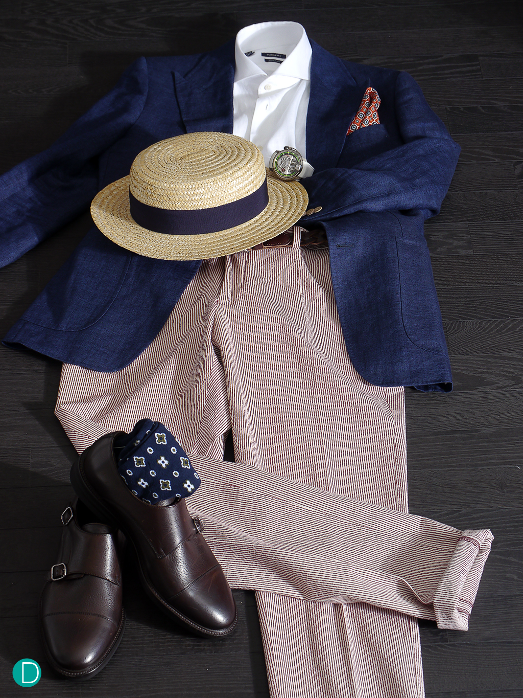This ensemble is decidedly casual, with linen coat, linen shirt, and seersucker trousers, and even a boater hat. The watch is the iconic and nautically flavoured HYT H1 Titanium with a gorgeous white strap.