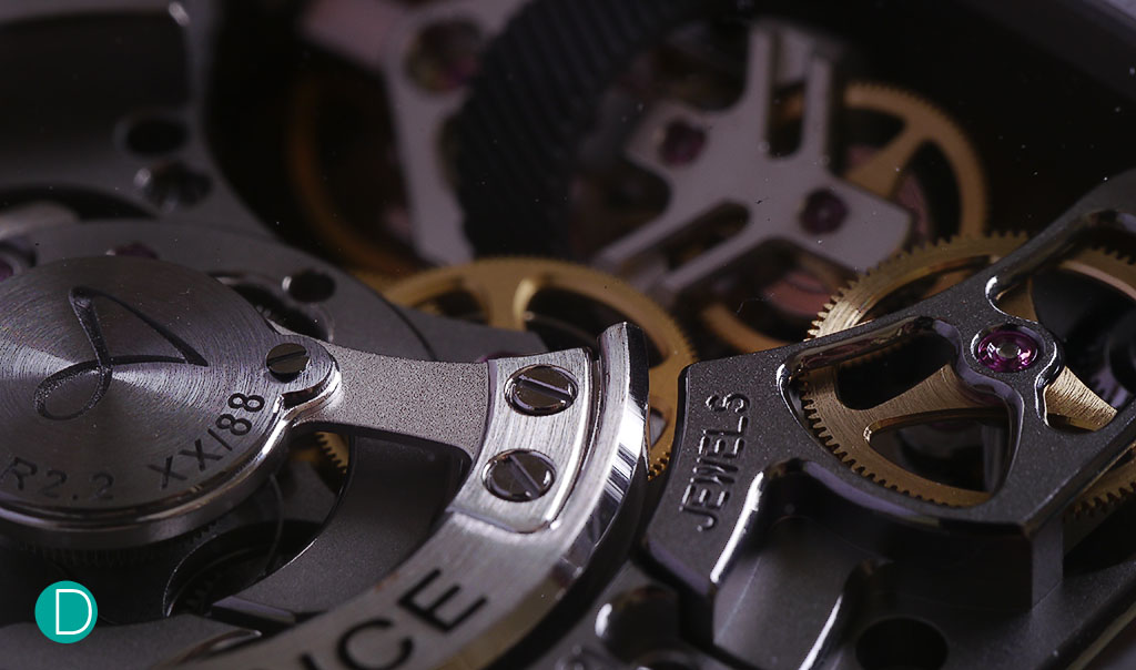 The Hautlence HRL2.0 movement detail, showing th ehand anglaged rotor and bridge work. 