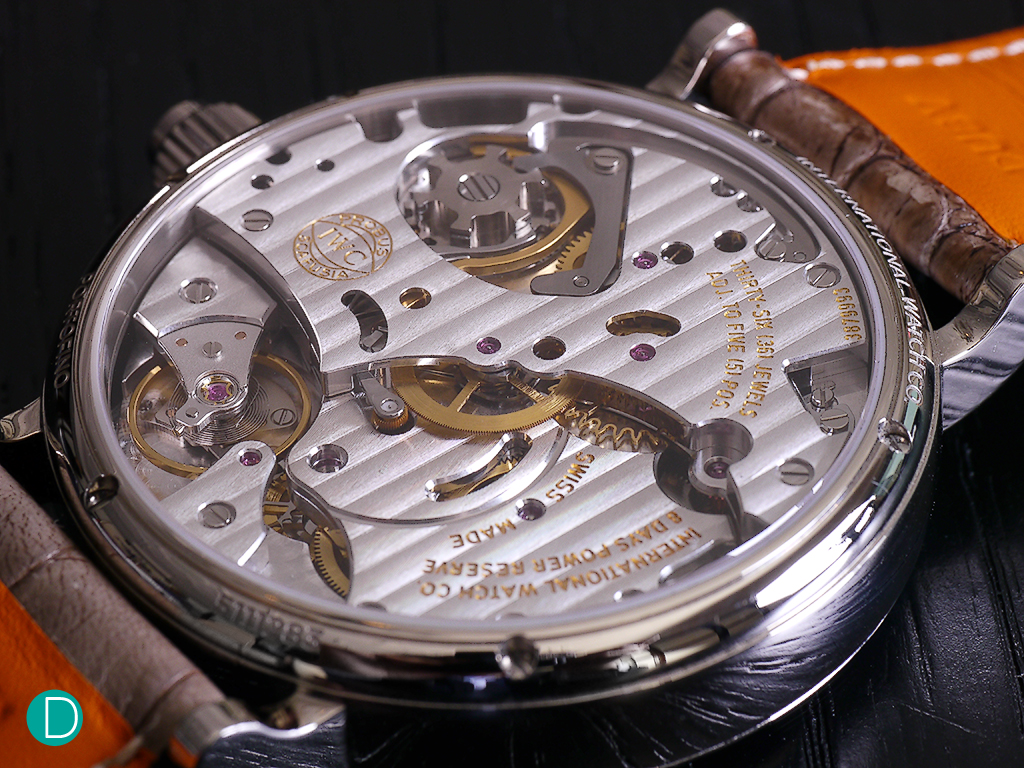 IWC-manufactured calibre 59360. A 3/4 like plate covers the chronograph works providing a stable platform for its functions. Visually, we like the levels it creates on the movement. 