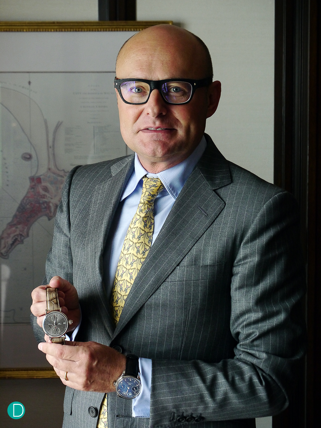 IWC CEO Georges Kern proudly showing the Portugese Monopusher Chronograph. Hong Kong, August 27, 2015.