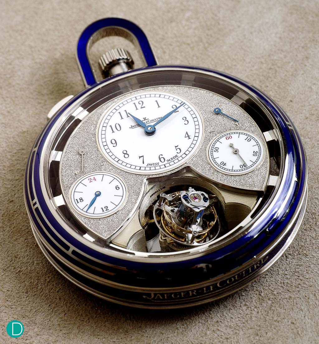  Jaeger LeCoultre Duomètre Sphérotourbillon pocket watch, white gold case embellished with blue enamel at the sides and bezel. 