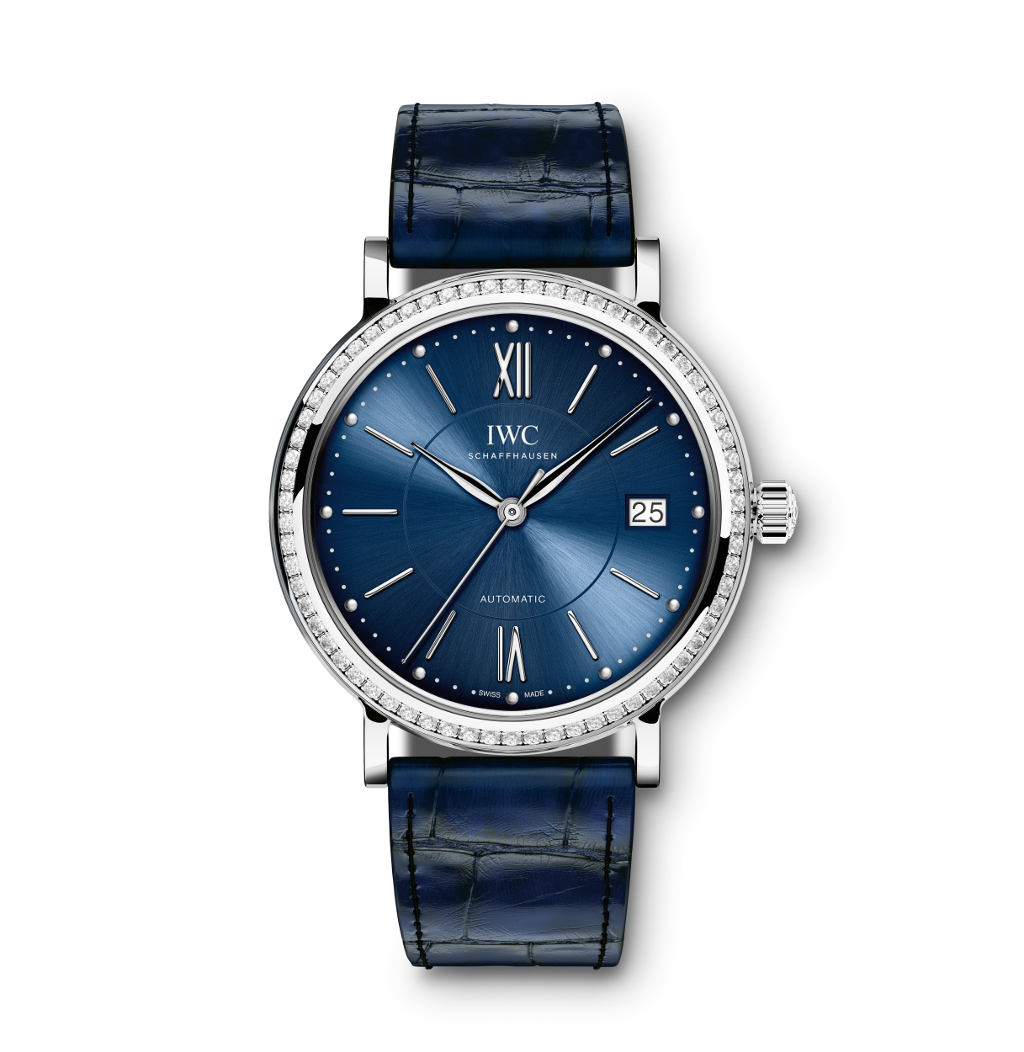 The IWC Portofino Automatic 37, featuring a matching blue dial and alligator strap.