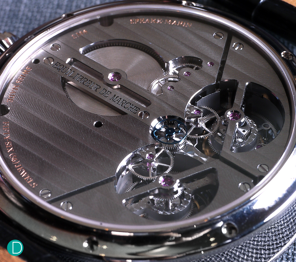 The movement of the Speake-Marin Magister Double Tourbillon. As with many tourbillons which display the escapement on the dial side, the reverse is a near full plate concealing most of the movement.