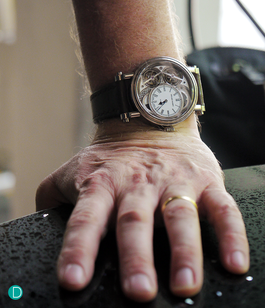 The Peter Speake-Marin Magister Double Tourbillon on Peter's wrist. 