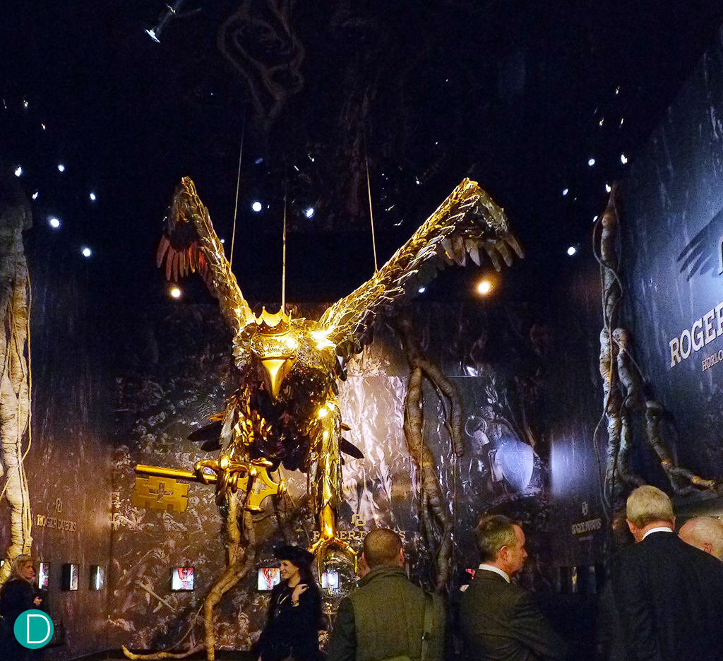 The Roger Dubuis booth in SIHH 2013, where the Excalibur series was introduced. The theme of the booth was an enchanted forest, like the Brocéliande, with a giant eagle and wizards wandering around. 