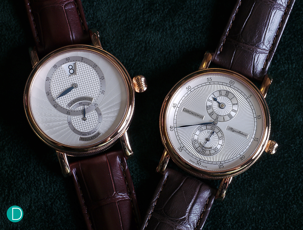 The Chronoswiss Sirius Régulateur on the right, and the Régulateur 30 with a jumping hour on the left demonstrating the aesthetics and beauty. 