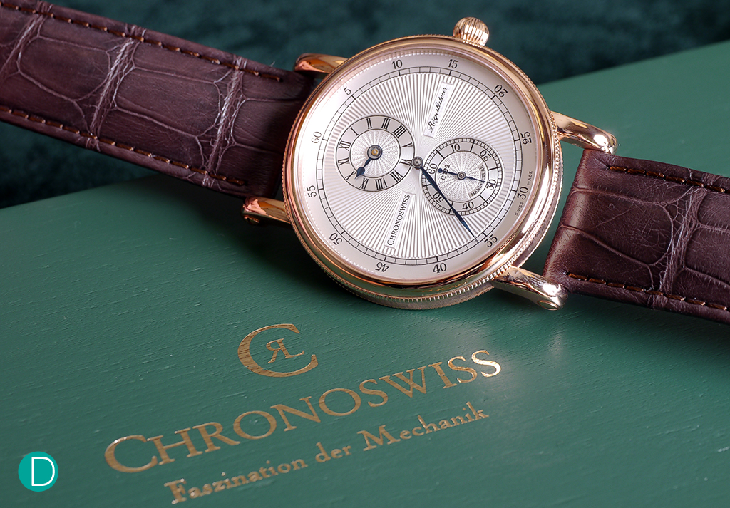 Chronoswiss Régulateur, with the characteristic guilloché dial with offset small hours subdial, central minute hands and subsidiary seconds hand.