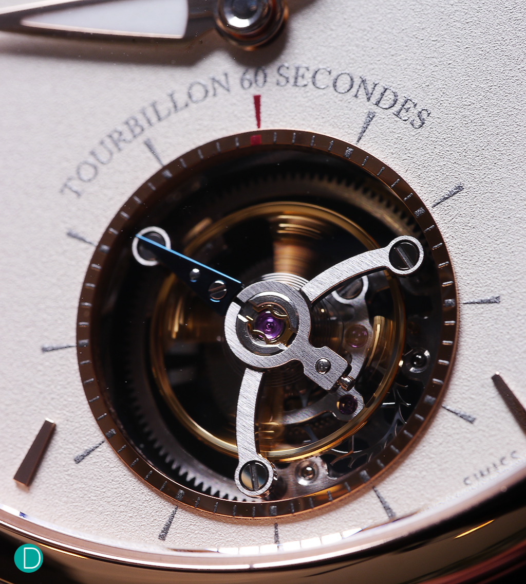 Detail of the PF517 Flying Tourbillon. The seconds hand is blued and cleverly a part of the tourbillon cage.