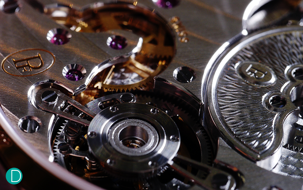 The reverse side of the Flying Tourbillon shows the single bridge on which the tourbillon is cantilevered. Note finishing details. In particular the anglage.