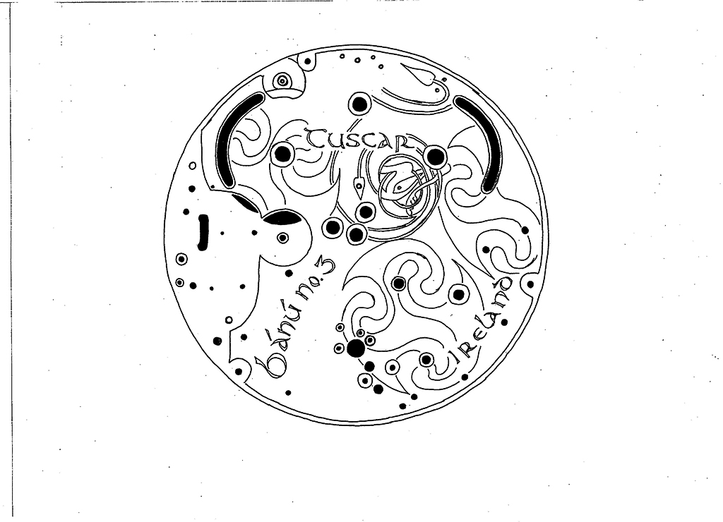One of the sketches showing the proposed engraving for the back plate. 