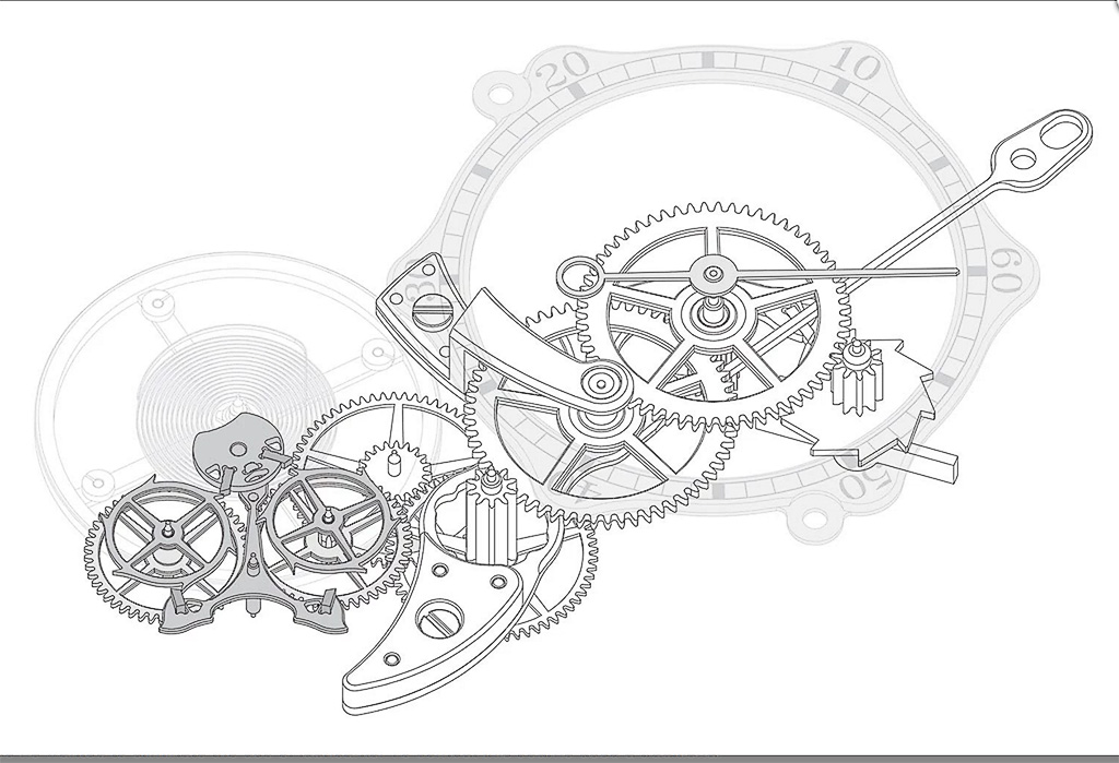 The escapement and remontoir assembly. Shown in the centre is the fourth wheel which is driven by the third wheel of the drive train. Up to this wheel, the train is quite standard. Note to the right of the drawing is the remontoir assembly. And to the left is the escapement. Photo by F.P.Journe