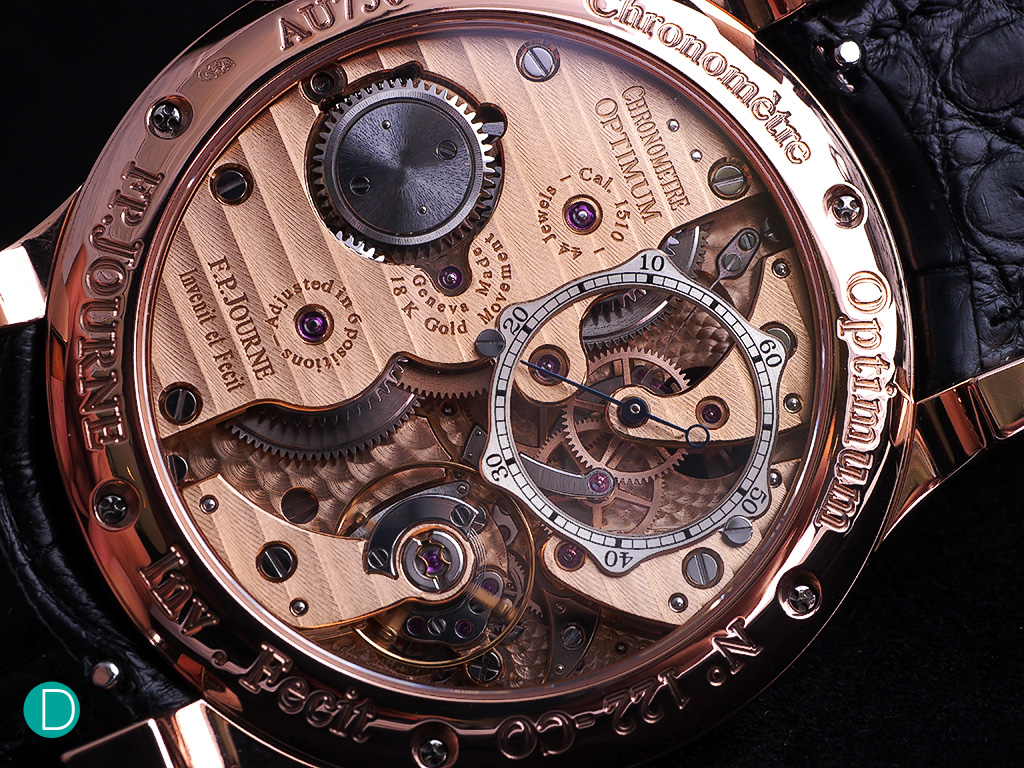 The Journe Caliber 1510 is manually wound and made entirely of 18K rose gold. 