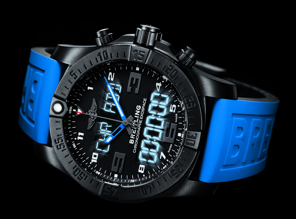 Breitling Expspace B55 watch. 46mm case diameter, black titanium case with rotating bezel. A quartz chronograph unlike any other.