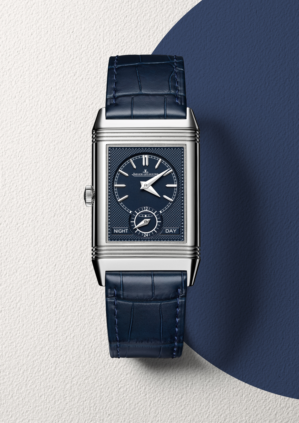 The back of the Reverso Tribute Duo, featuring the mesmerizing blue dial.