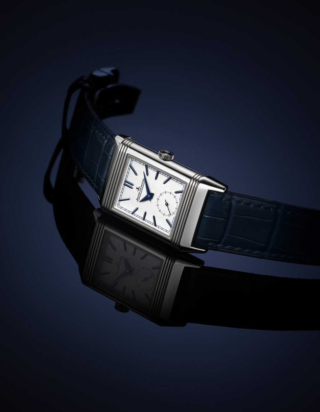 The Reverso Tribute Duo, featuring the opaline dial and blue baton markers.