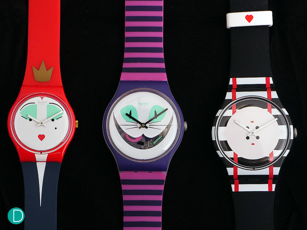 Swatch Es War Einmal collection of Alice in Wonderland. From left, the Queen of Hearts, The Cheshire cat and Double Me.