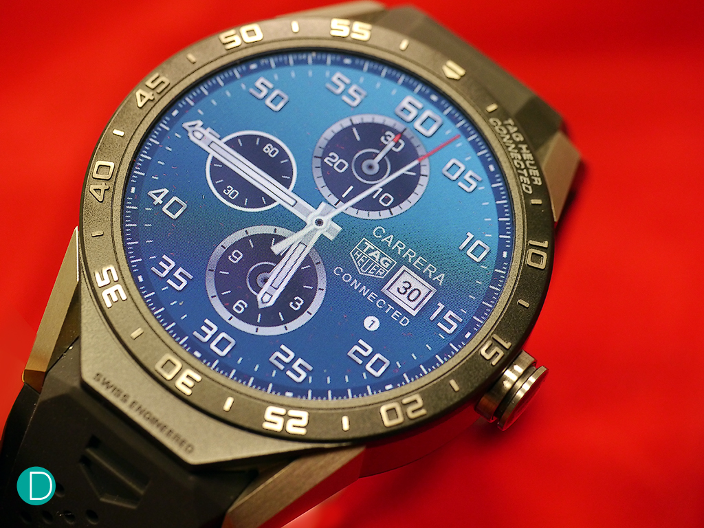 Tag Heuer Connected showing one of the options for the dials. Shown here is the rather attractive blue chronograph.