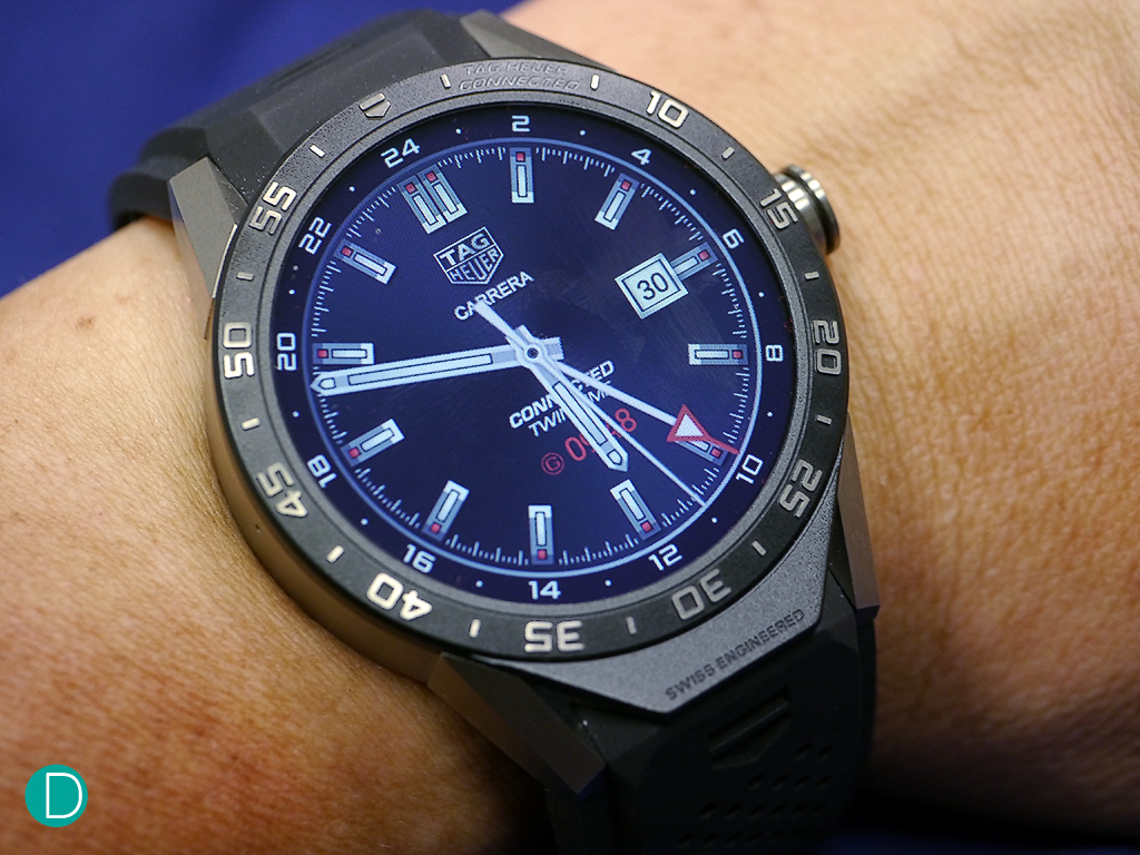Tag Heuer Connected showing the GMT screen. Users can currently choose between the GMT, Chronograph or a Live screen, each offering options on dial color.
