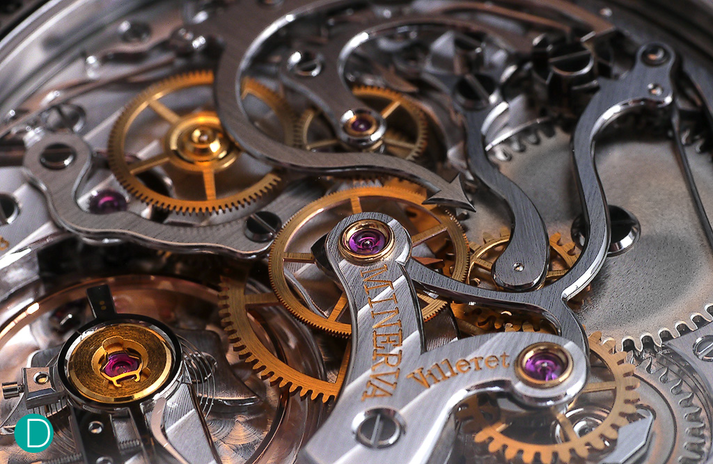 The horizontal clutch system, and the tell tale 1920-1930s style bridge which hold the clutch, seen in most chronographs, including various Lemania examples is evident.