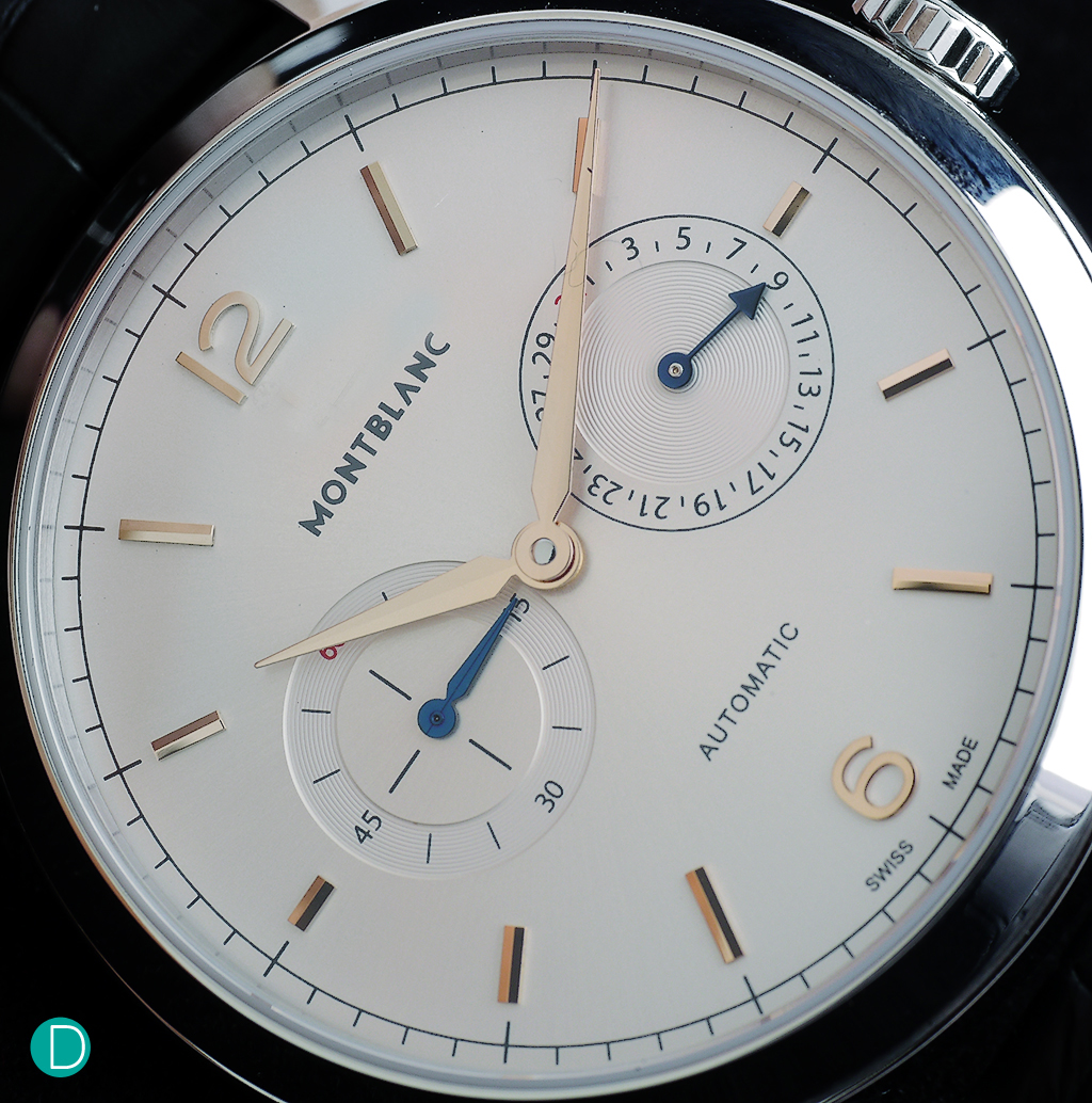 The sophisticated dial further enhances the level of design, with a silvery-white sunray finish, facetted sword hands and red gold-plated applied indexes, as well as prominent Arabic 12 and 6 numerals.