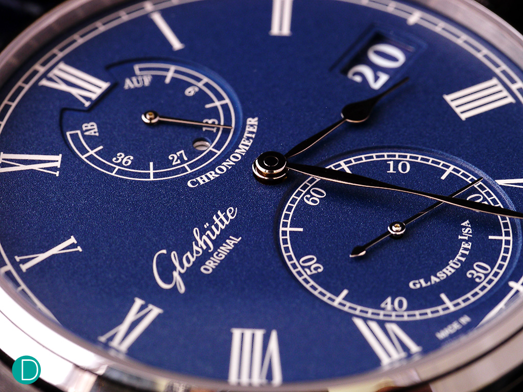 Dial Detail on the Senator Chronometer. The dark tone is finely grained and laquered, and appears velvety in texture. The dial catches the light at different angles, and appear quite beautiful.