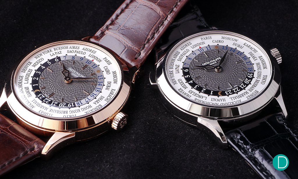 Patek Philippe Ref 5230 World Time. Available in rose gold and white gold. 