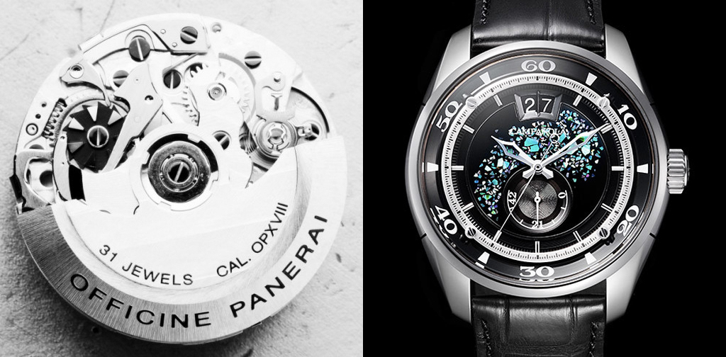 Pictured left, a La Joux Perret 7750 modified rattrapante column wheel chronograph for Panerai Right: high Japanese artistry. Citizen has already combined two distinct crafts into one appealing brand - Campanola. Imagine the wonders it could achieve with the Frederique Constant group.