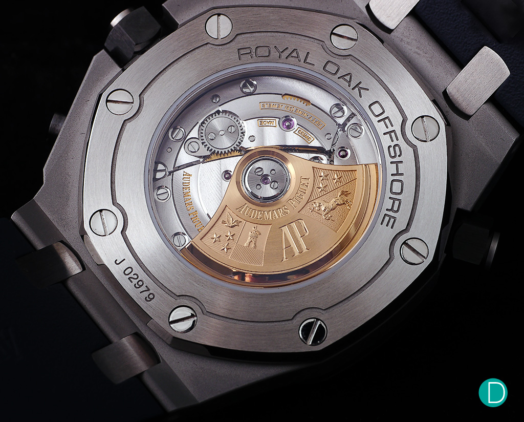 The AP movement caliber 3124/3841 is visible from the back, and is based on the in-house caliber 3120 with a module chronograph. 