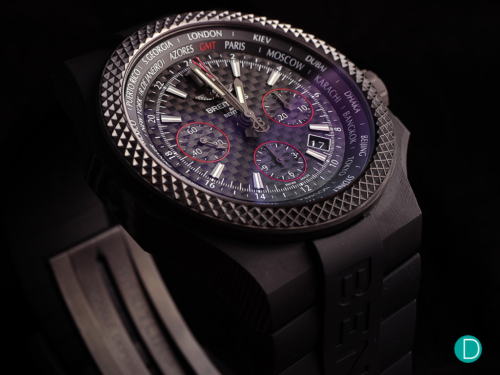 The Breitling for Bentley GMT B04 S Carbon. The red accent, as well as the use of carbon fibre, gives the watch a racing pedigree.