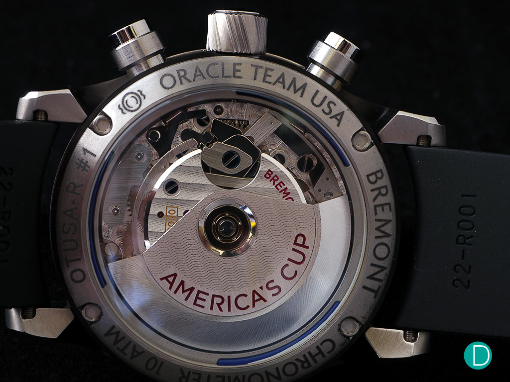 The movement, a modified Valjoux 7750 to meet the Oracle Team USA regatta timing needs. 