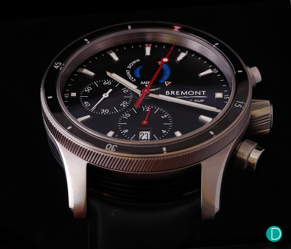 Bremont Regatta OTUSA in a black dial. Also available is a version in a white dial. Some commentators feel the white version is more nautical, but we prefer the black dialed version. 