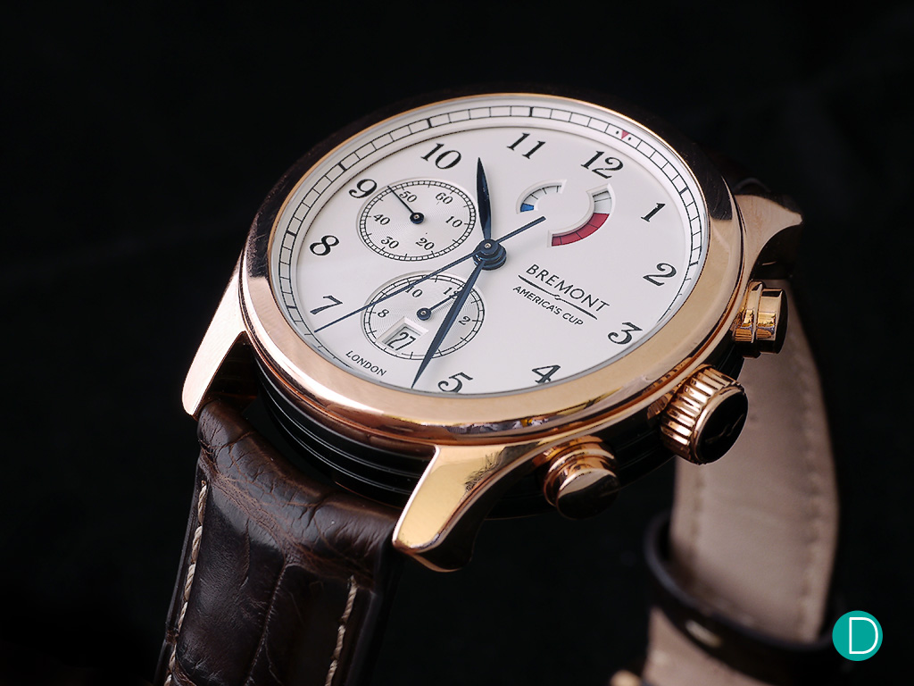 Bremont Regatta AC. A more elegant version in rose gold. The count down 15 minute counter is deleted, and a cleaner dial results. Also available in a stainless steel case. 