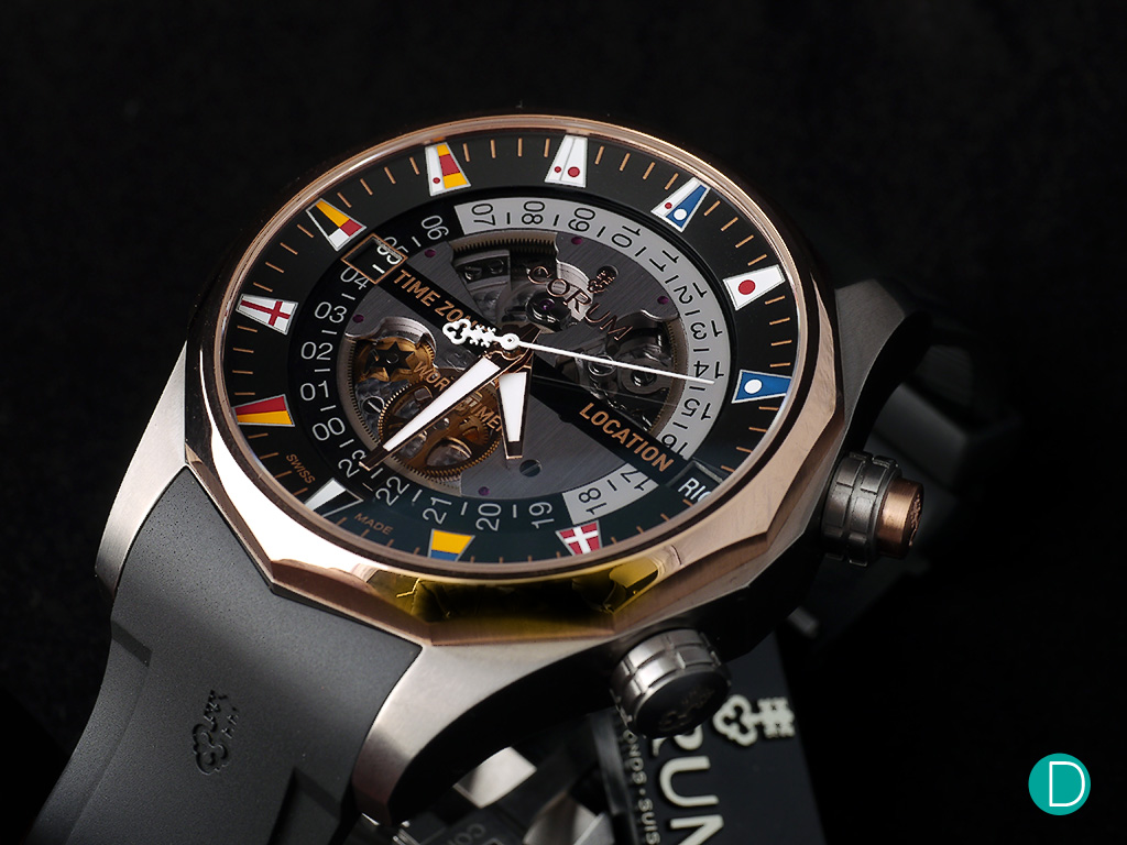 The Admiral’s Cup Legend 47 Worldtimer with its twelve-sided case and nautical pennants adorning the dial