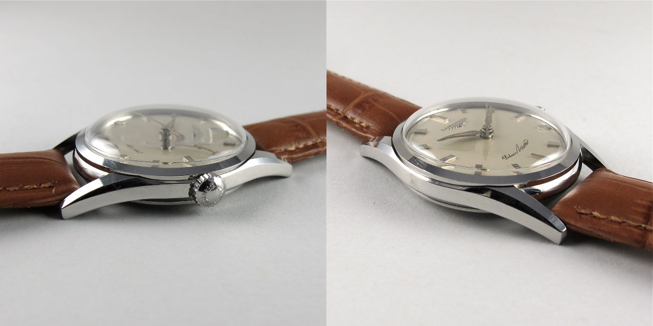 Development of the 23ZS allowed for slimmer case profiles. Images of the 1955 Longines Silver Arrow are from blackbough.co.uk. 