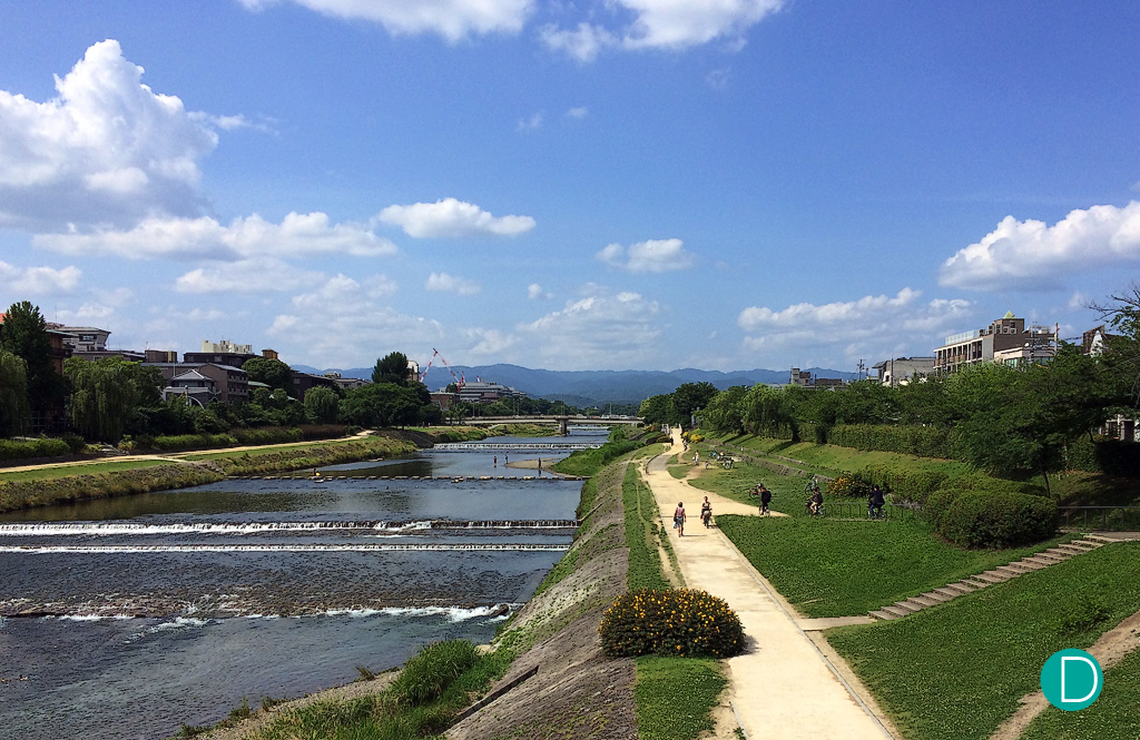 The Kamo River, by the side of the Ritz Carlton Kyoto, and the cycling path. 