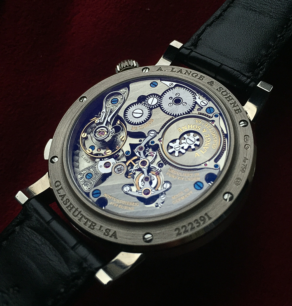 The case back of the author's Zeitwerk Striking time, showing the magnificent movement. Photo by Frank Chuo.