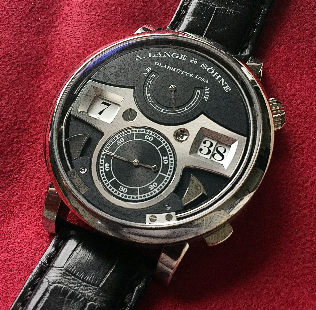 The author's Zeitwerk Striking Time. White gold case, with a black dial. 