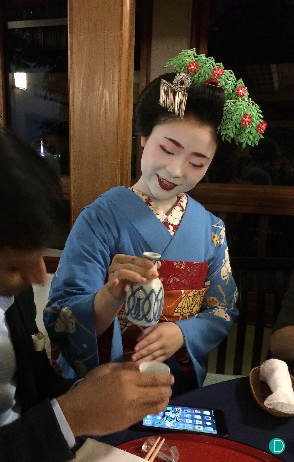 Tradition dictates that one never pours one's own alcohol. And when a Maiko is in attendance, she does the needful.