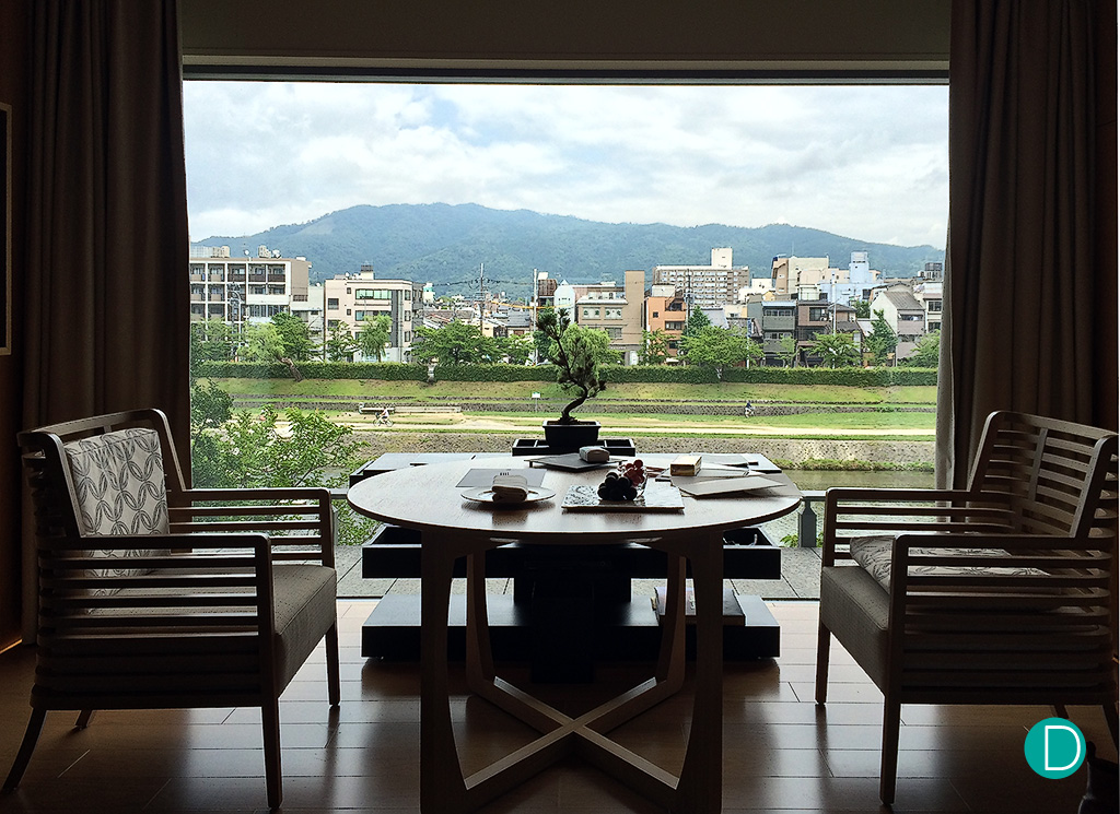 Room from Room 334 at the Ritz Carlton Kyoto overlooking the Kamo River.