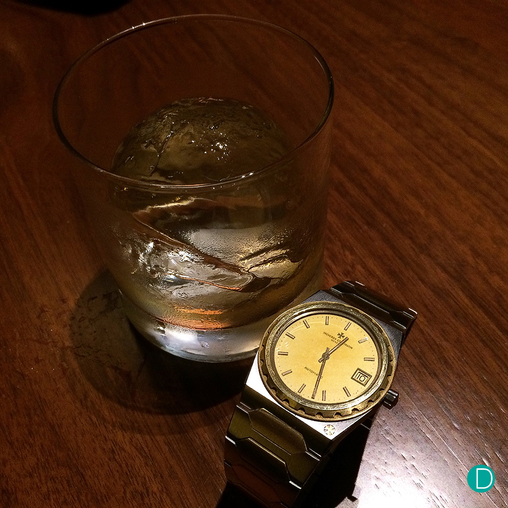 Vacheron Constantin 222, the predecessor to the Overseas collection. Photographed with a glass of Yamazaki 12 Japanese whisky on the rocks. 