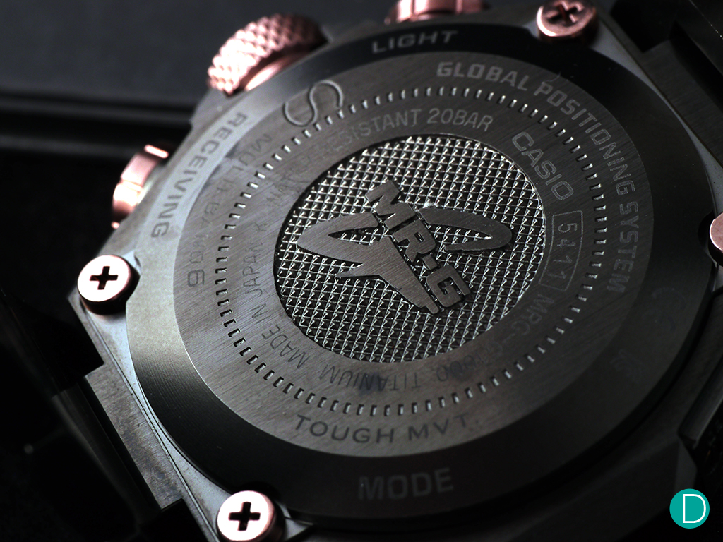 The case back of the MRG-G1000HT with the engraved G-Shock logo,