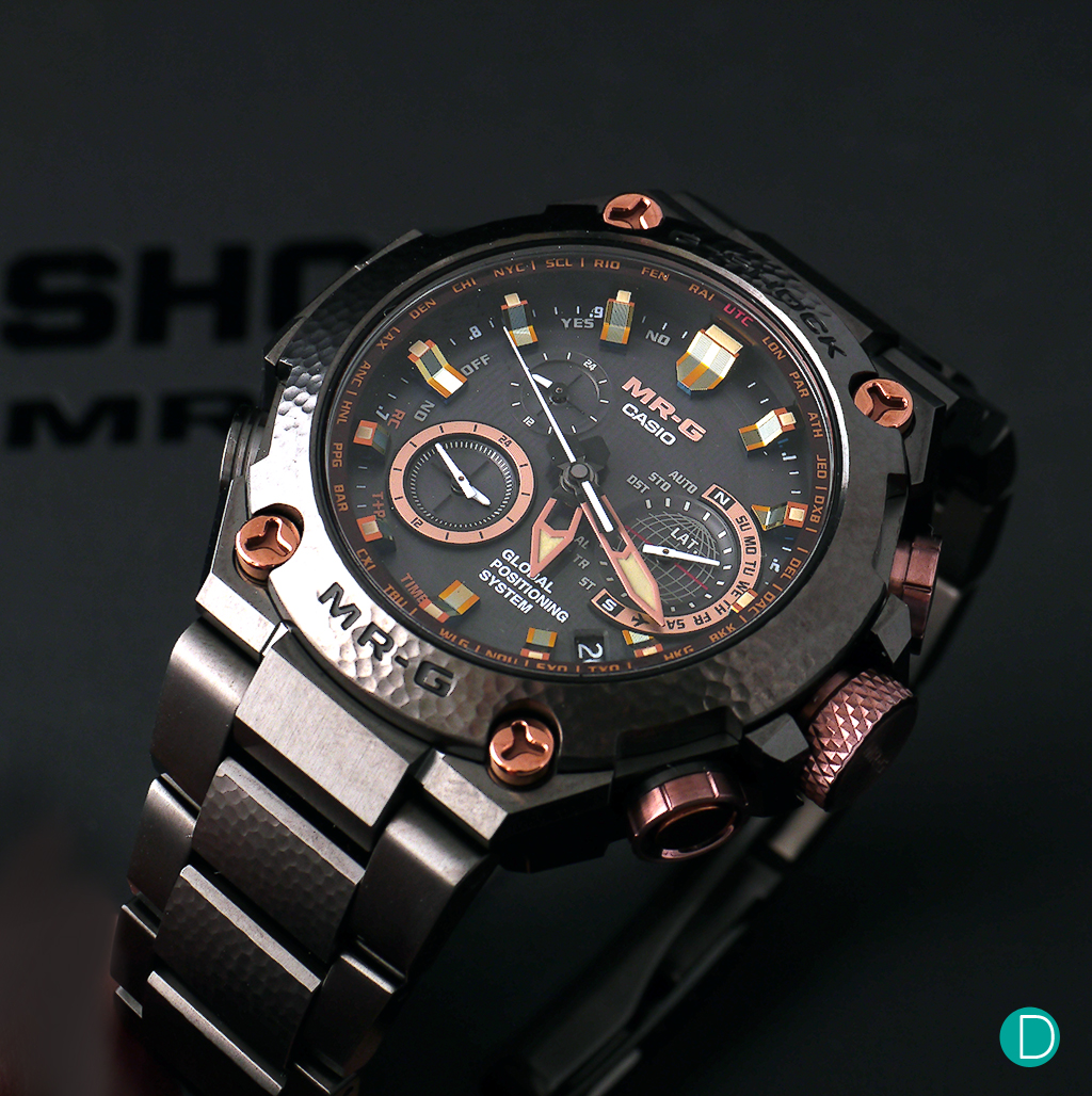 The Casio G-Shock MRG-G1000HT. The play of the grey hammertone bezel and links with the copper accents is quite attractive.