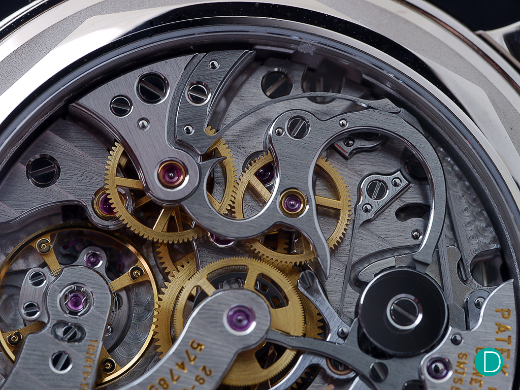 A closer look at the chronograph works. Shown here is the lateral clutch system, a hangover from the Lemania days, perhaps. 